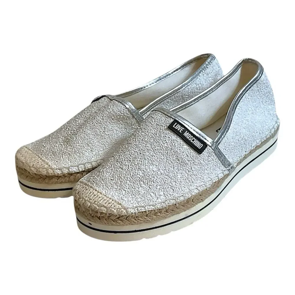 Love Moschino White Glitter Espadrille Platform Slip On Loafers Silver Women’s 6